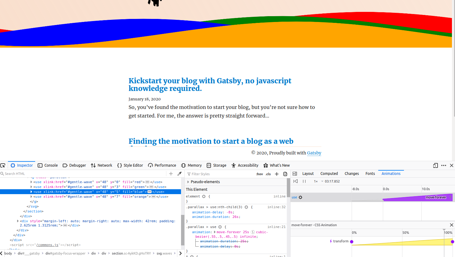 Firefox animation tools in the context of the waves animation in this blog.