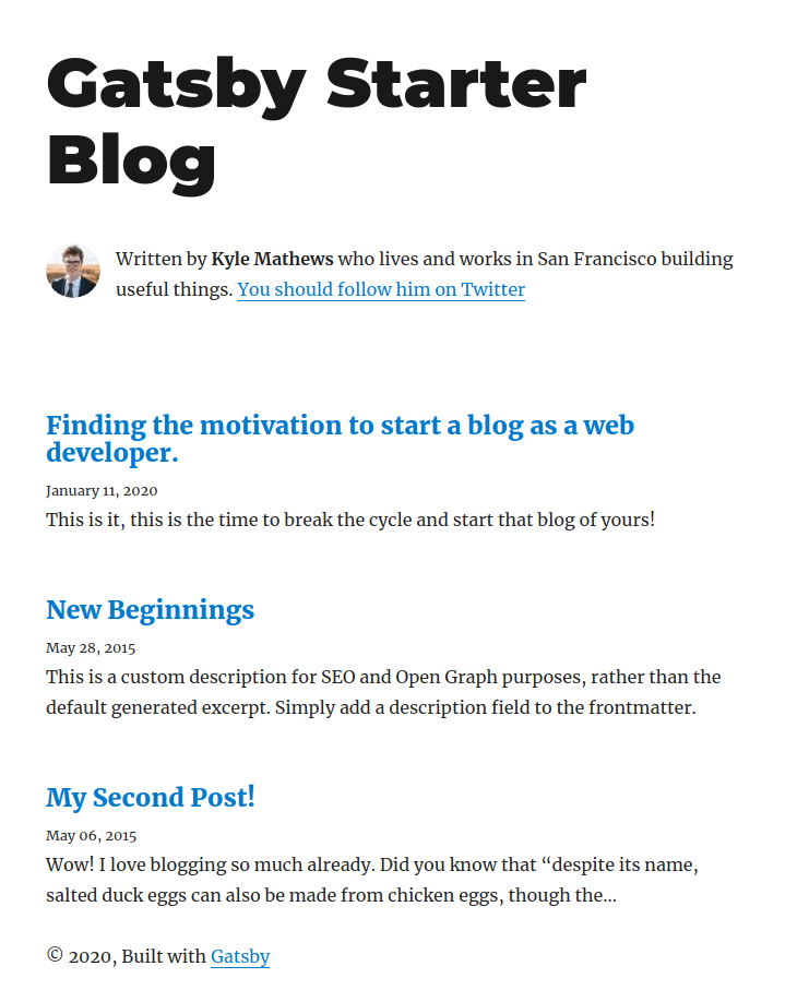 How the Gatsby Blog Starter looks.
