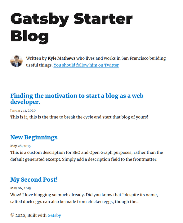 How the Gatsby Blog Starter looks.